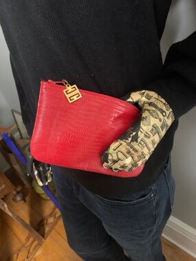 Red Leather Zip Pouch with Gold Accent